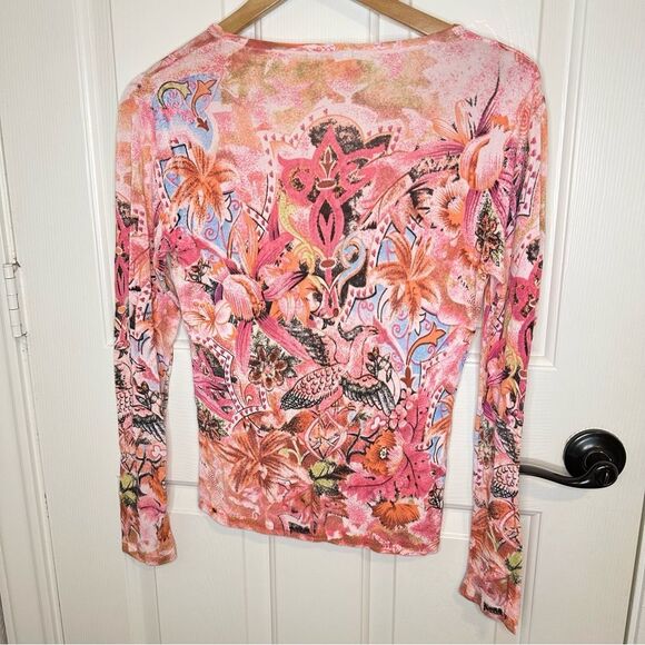 Y2K Just Woman Pink Multicolor Bird Floral Printed Beaded Long Sleeve Blouse - Picture 3 of 8